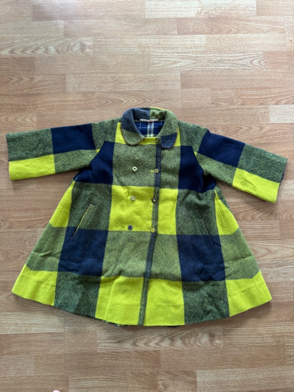 Girls Plaid Green & Navy Wool-Blend Coat